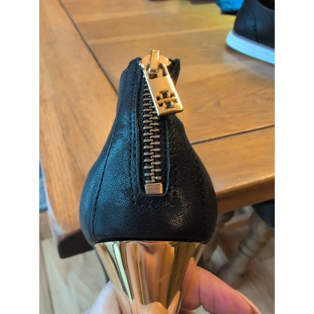 Tory Burch Corbet Black Leather Gold Heels Logo Pointed Toe Zip Women's Sz‎ 10.5